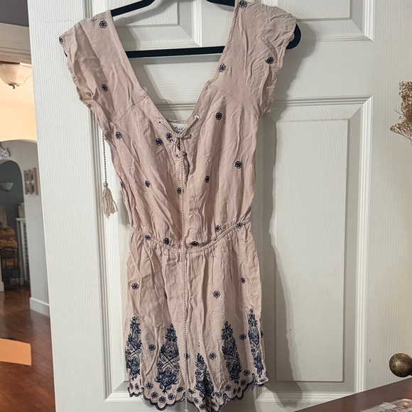 Love Tree Tops - Love Tree Beige Romper with Navy Embroidery